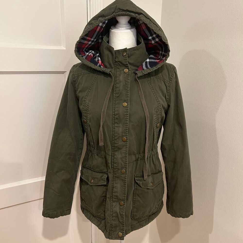 Green khaki anorak plaid hooded jacket